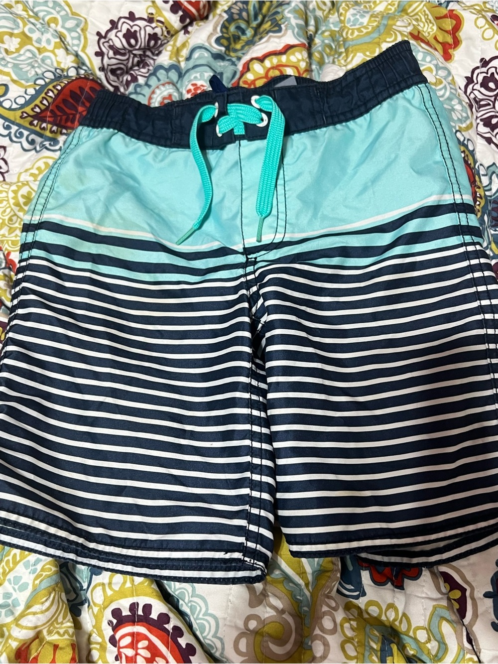 Old Navy Aqua, Teal and Navy Boys' Striped Swim Trunks